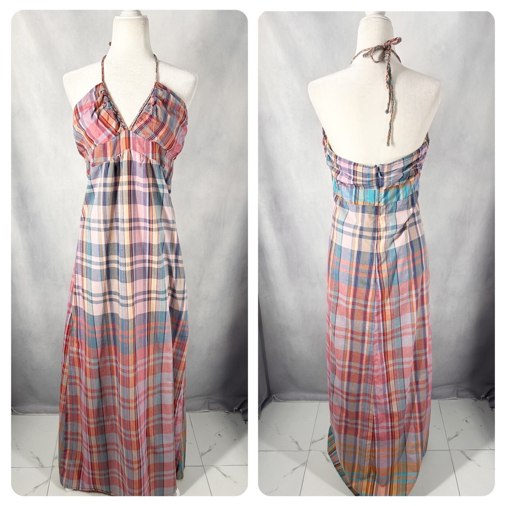 Y2K Mossimo Cotton Halter Plaid Multicolor Column Maxi Dress Women's Size Large